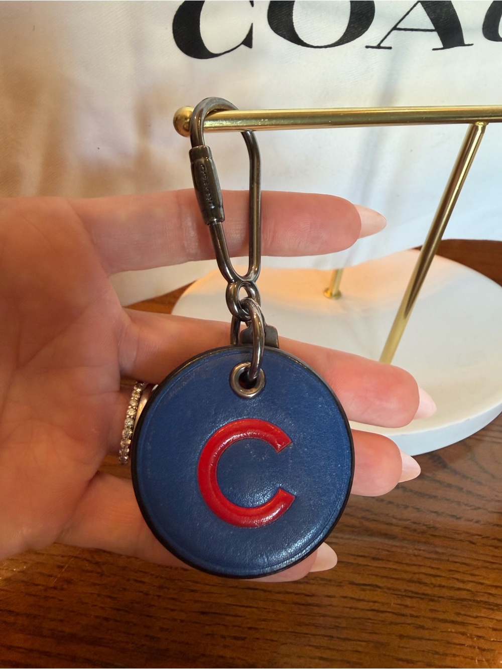 Coach Leather Round baseball themed Key Fob with Chicago Cubs Logo